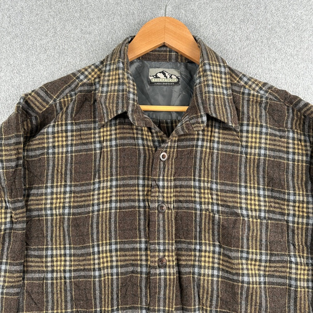 Backpacker Shirt Mens L Brown Plaid Classic Sportshirt Long Sleeve Flannel Flaws